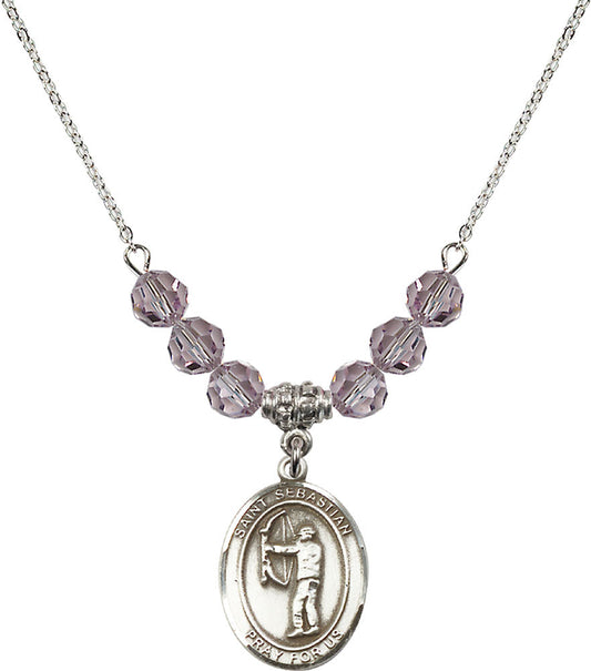 Sterling Silver Saint Sebastian / Archery Birthstone Necklace with Light Amethyst Beads - 8189