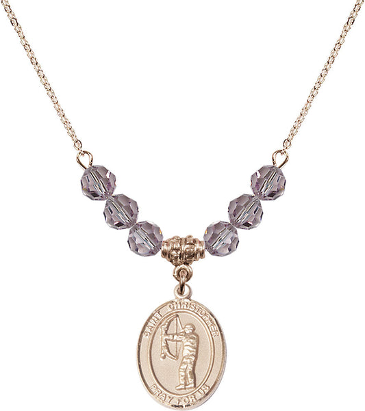 14kt Gold Filled Saint Christopher/Archery Birthstone Necklace with Light Amethyst Beads - 8190