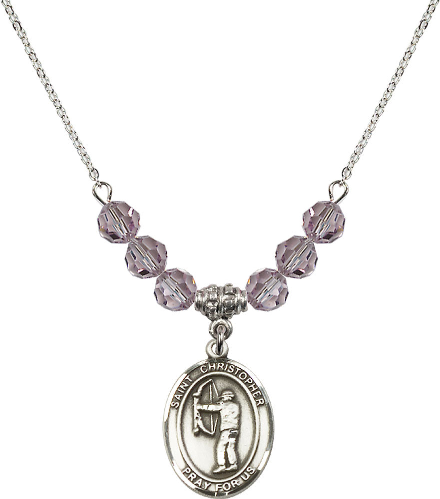 Sterling Silver Saint Christopher/Archery Birthstone Necklace with Light Amethyst Beads - 8190