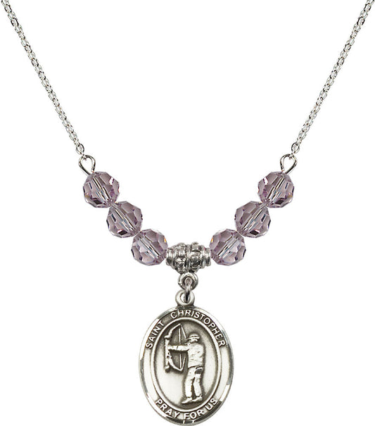 Sterling Silver Saint Christopher/Archery Birthstone Necklace with Light Amethyst Beads - 8190
