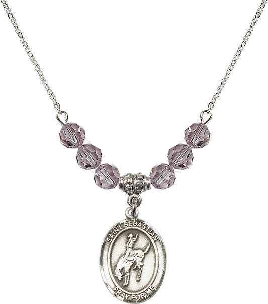 Sterling Silver Saint Sebastian / Rodeo Birthstone Necklace with Light Amethyst Beads - 8191