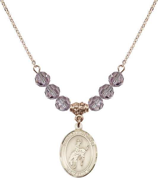 14kt Gold Filled Saint Christopher / Rodeo Birthstone Necklace with Light Amethyst Beads - 8192