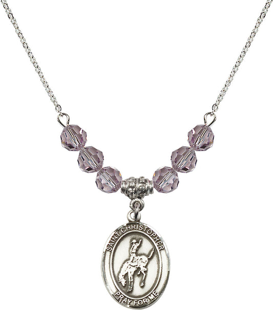 Sterling Silver Saint Christopher / Rodeo Birthstone Necklace with Light Amethyst Beads - 8192