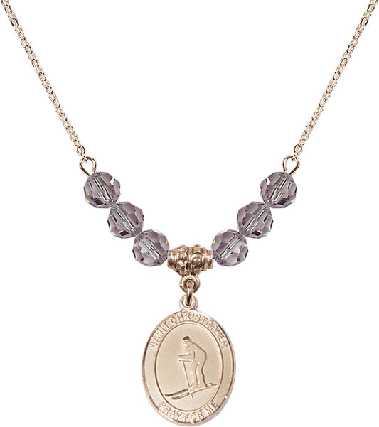 14kt Gold Filled Saint Christopher / Skiing Birthstone Necklace with Light Amethyst Beads - 8193