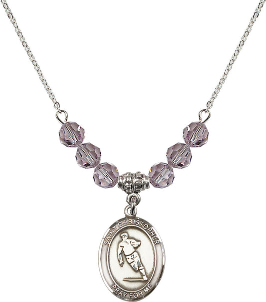 Sterling Silver Saint Christopher / Rugby Birthstone Necklace with Light Amethyst Beads - 8194
