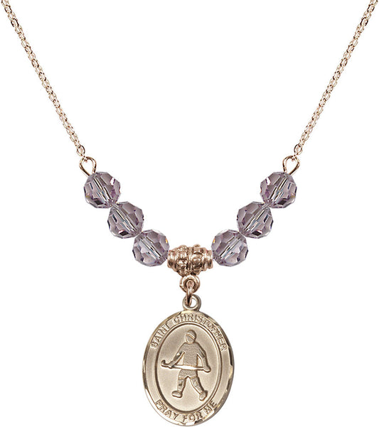 14kt Gold Filled Saint Christopher / Field Hockey Birthstone Necklace with Light Amethyst Beads - 8195