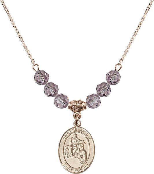 14kt Gold Filled Saint Sebastian / Motorcycle Birthstone Necklace with Light Amethyst Beads - 8197