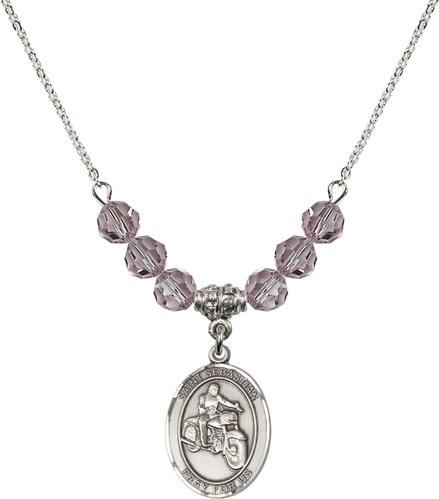 Sterling Silver Saint Sebastian / Motorcycle Birthstone Necklace with Light Amethyst Beads - 8197