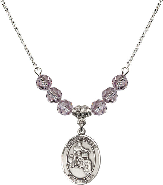 Sterling Silver Saint Sebastian / Motorcycle Birthstone Necklace with Light Amethyst Beads - 8197