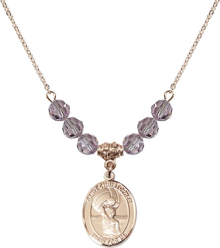 14kt Gold Filled Saint Christopher/Water Polo-Men Birthstone Necklace with Light Amethyst Beads - 8198