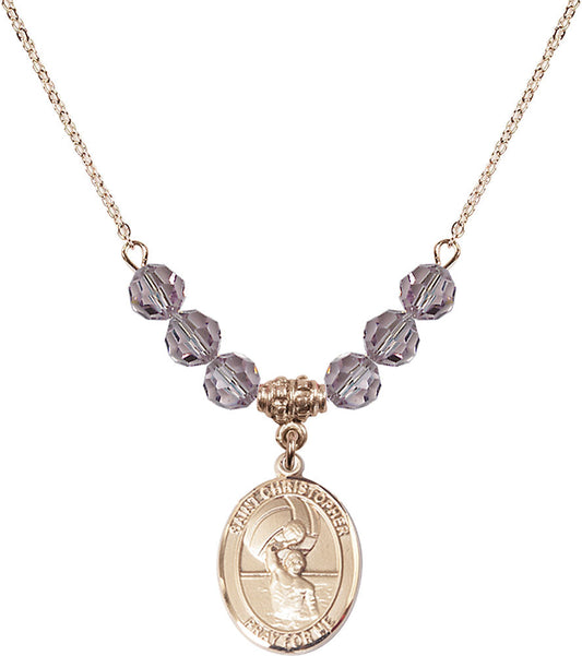 14kt Gold Filled Saint Christopher/Water Polo-Men Birthstone Necklace with Light Amethyst Beads - 8198