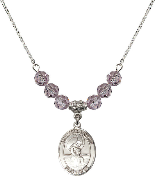 Sterling Silver Saint Christopher/Water Polo-Men Birthstone Necklace with Light Amethyst Beads - 8198