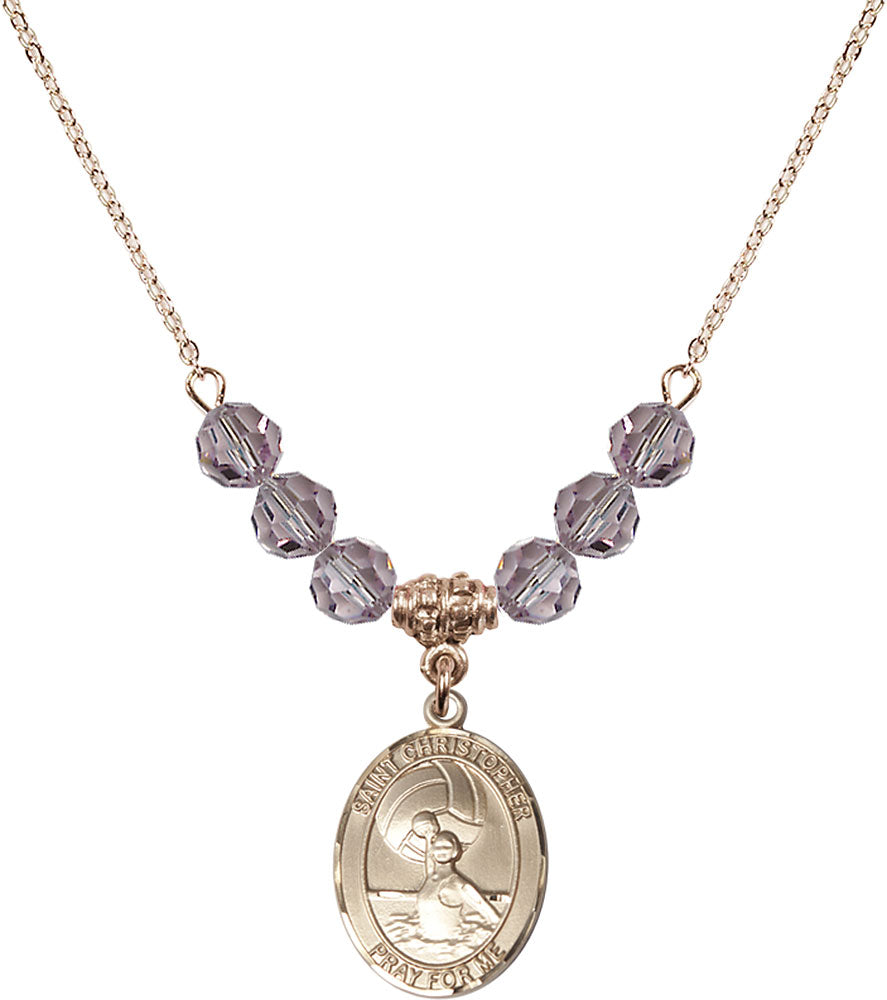 14kt Gold Filled Saint Christopher/Water Polo-Women Birthstone Necklace with Light Amethyst Beads - 8199