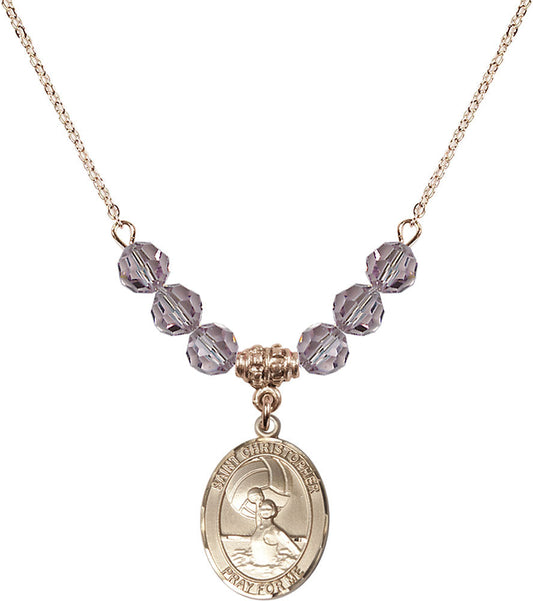14kt Gold Filled Saint Christopher/Water Polo-Women Birthstone Necklace with Light Amethyst Beads - 8199