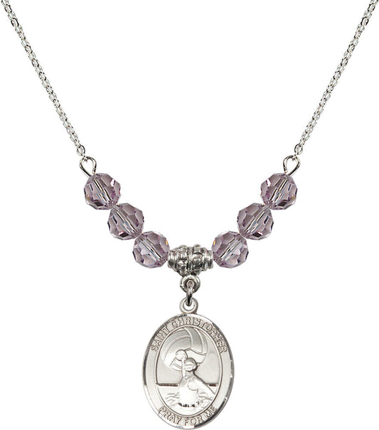 Sterling Silver Saint Christopher/Water Polo-Women Birthstone Necklace with Light Amethyst Beads - 8199