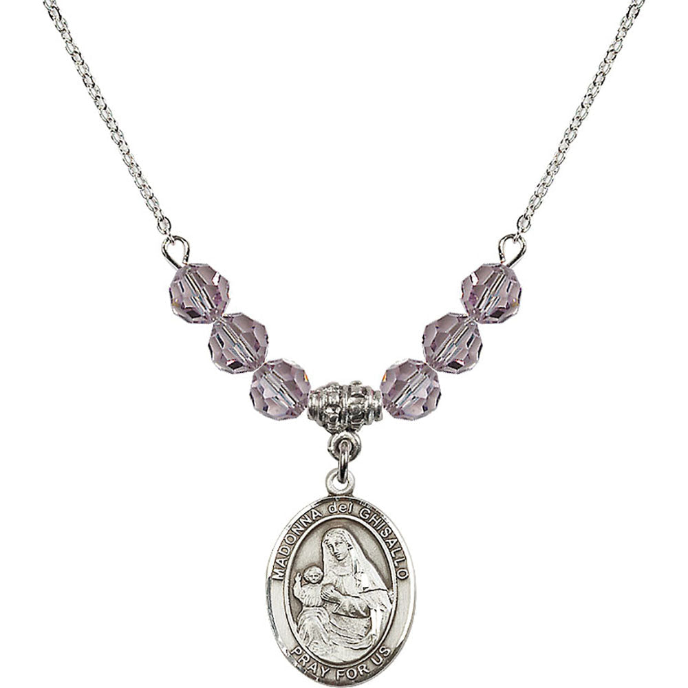 Sterling Silver Madonna del Ghisallo Birthstone Necklace with Light Amethyst Beads - 8203