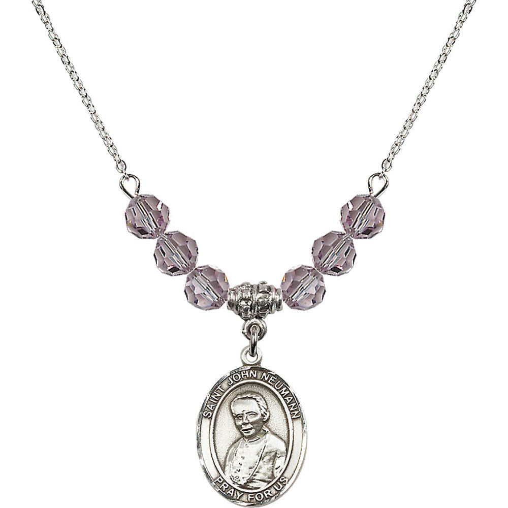 Sterling Silver Saint John Neumann Birthstone Necklace with Light Amethyst Beads - 8204