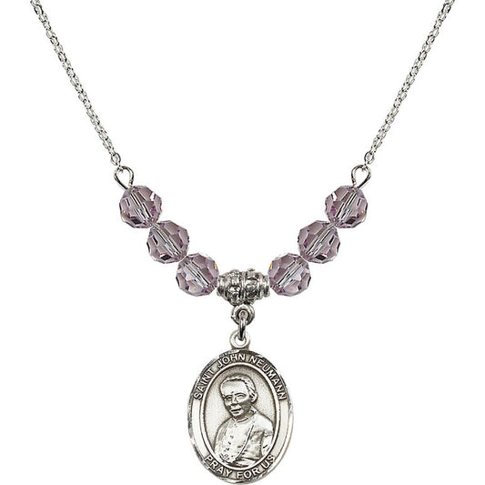 Sterling Silver Saint John Neumann Birthstone Necklace with Light Amethyst Beads - 8204
