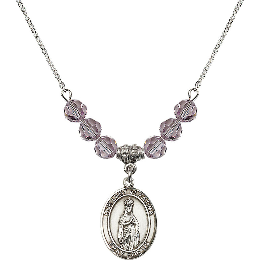 Sterling Silver Our Lady of Fatima Birthstone Necklace with Light Amethyst Beads - 8205