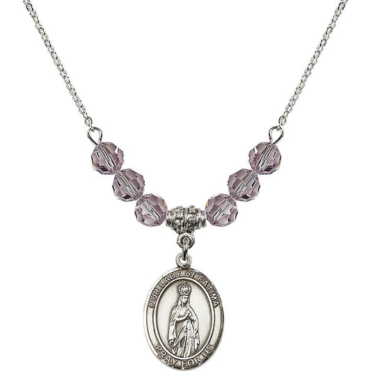 Sterling Silver Our Lady of Fatima Birthstone Necklace with Light Amethyst Beads - 8205