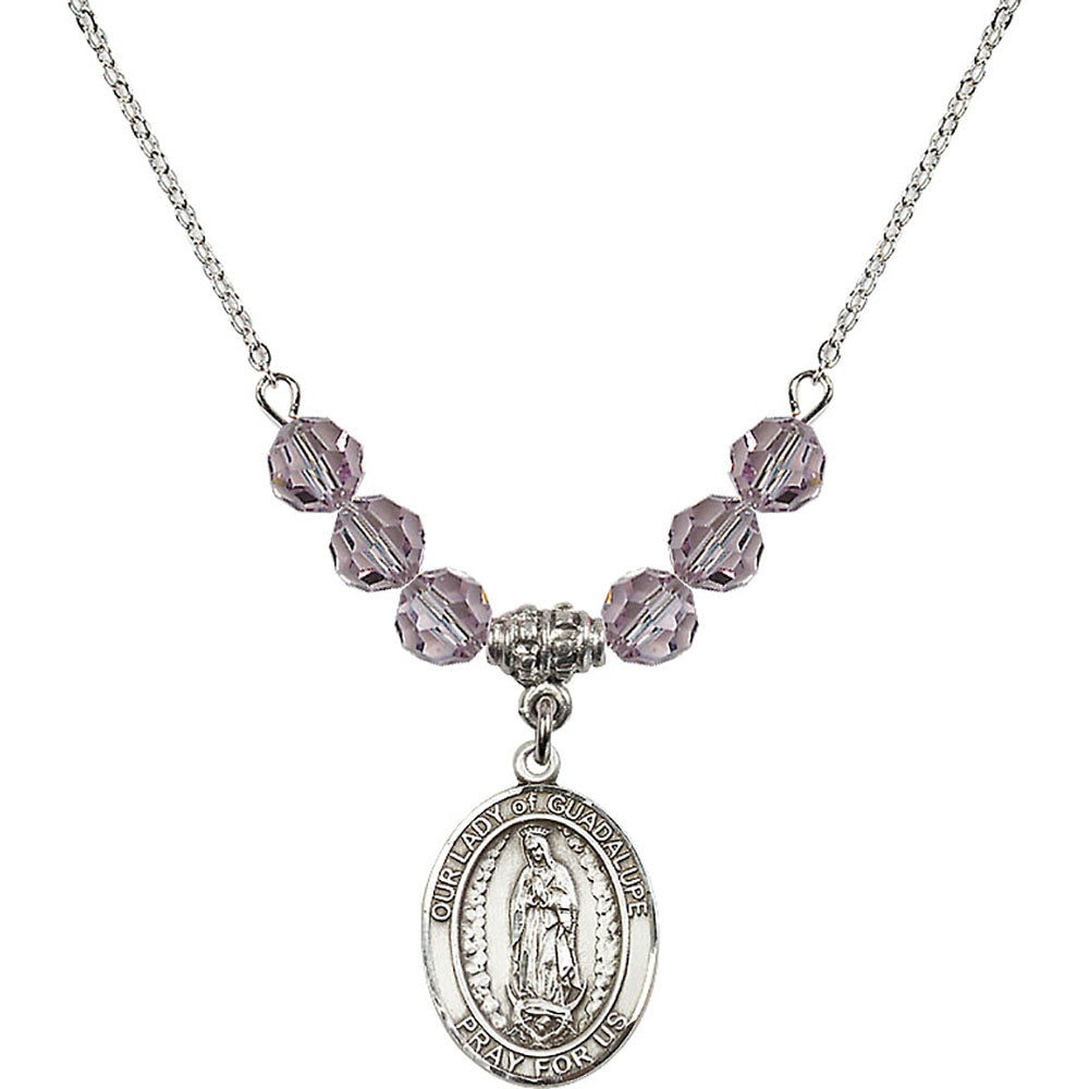 Sterling Silver Our Lady of Guadalupe Birthstone Necklace with Light Amethyst Beads - 8206