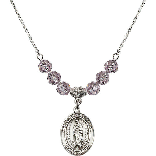 Sterling Silver Our Lady of Guadalupe Birthstone Necklace with Light Amethyst Beads - 8206