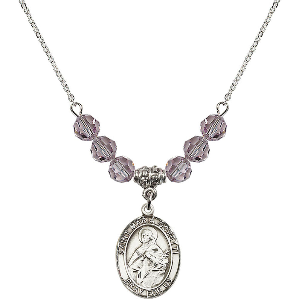 Sterling Silver Saint Maria Goretti Birthstone Necklace with Light Amethyst Beads - 8208