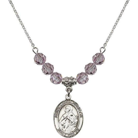 Sterling Silver Saint Maria Goretti Birthstone Necklace with Light Amethyst Beads - 8208