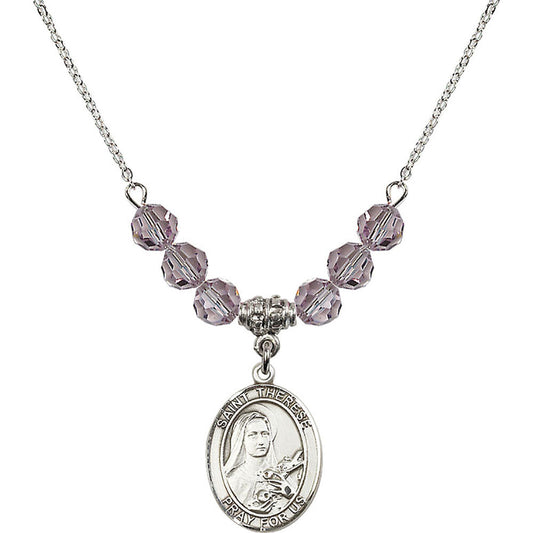 Sterling Silver Saint Therese of Lisieux Birthstone Necklace with Light Amethyst Beads - 8210