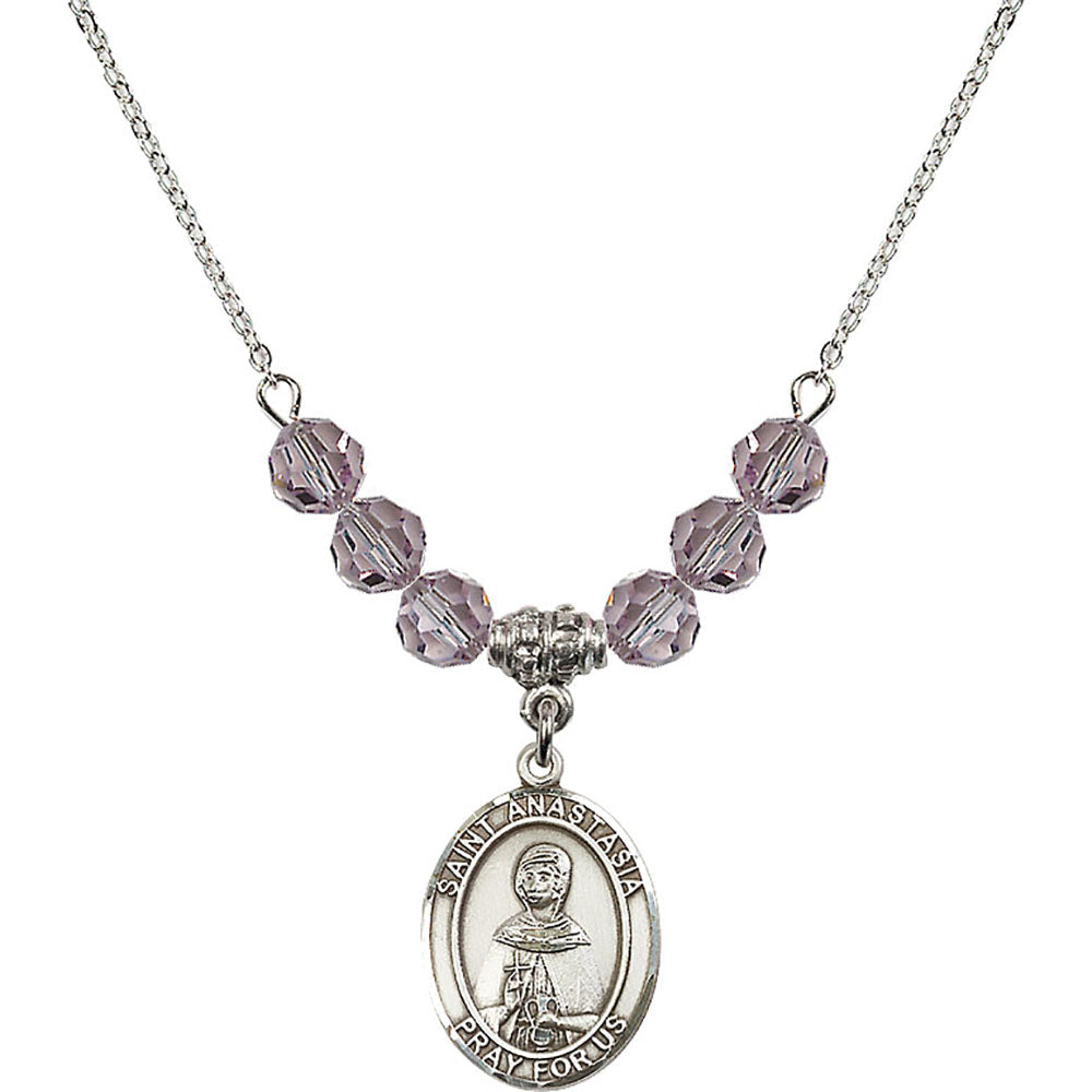 Sterling Silver Saint Anastasia Birthstone Necklace with Light Amethyst Beads - 8213
