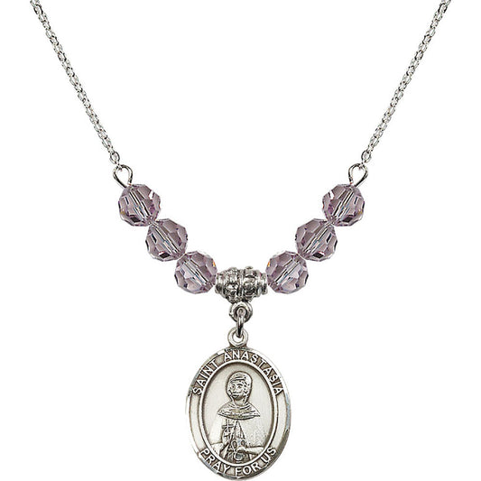 Sterling Silver Saint Anastasia Birthstone Necklace with Light Amethyst Beads - 8213