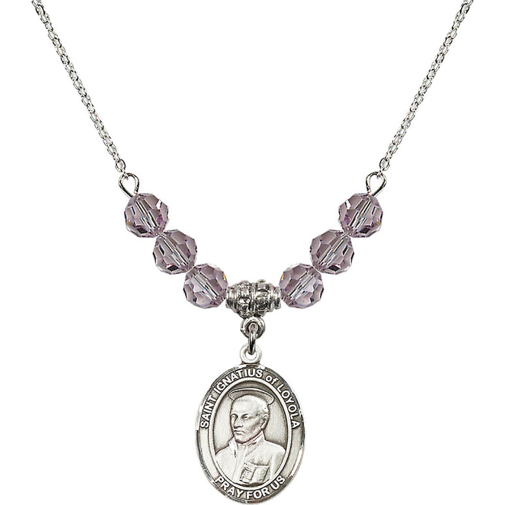 Sterling Silver Saint Ignatius of Loyola Birthstone Necklace with Light Amethyst Beads - 8217