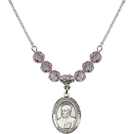 Sterling Silver Saint Ignatius of Loyola Birthstone Necklace with Light Amethyst Beads - 8217