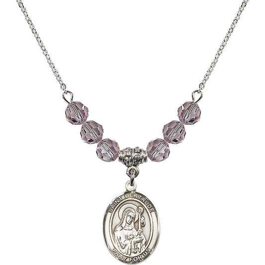 Sterling Silver Saint Gertrude of Nivelles Birthstone Necklace with Light Amethyst Beads - 8219