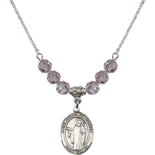 Sterling Silver Saint Joseph the Worker Birthstone Necklace with Light Amethyst Beads - 8220