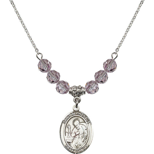 Sterling Silver Saint Alphonsus Birthstone Necklace with Light Amethyst Beads - 8221