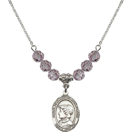 Sterling Silver Saint Elizabeth Ann Seton Birthstone Necklace with Light Amethyst Beads - 8224