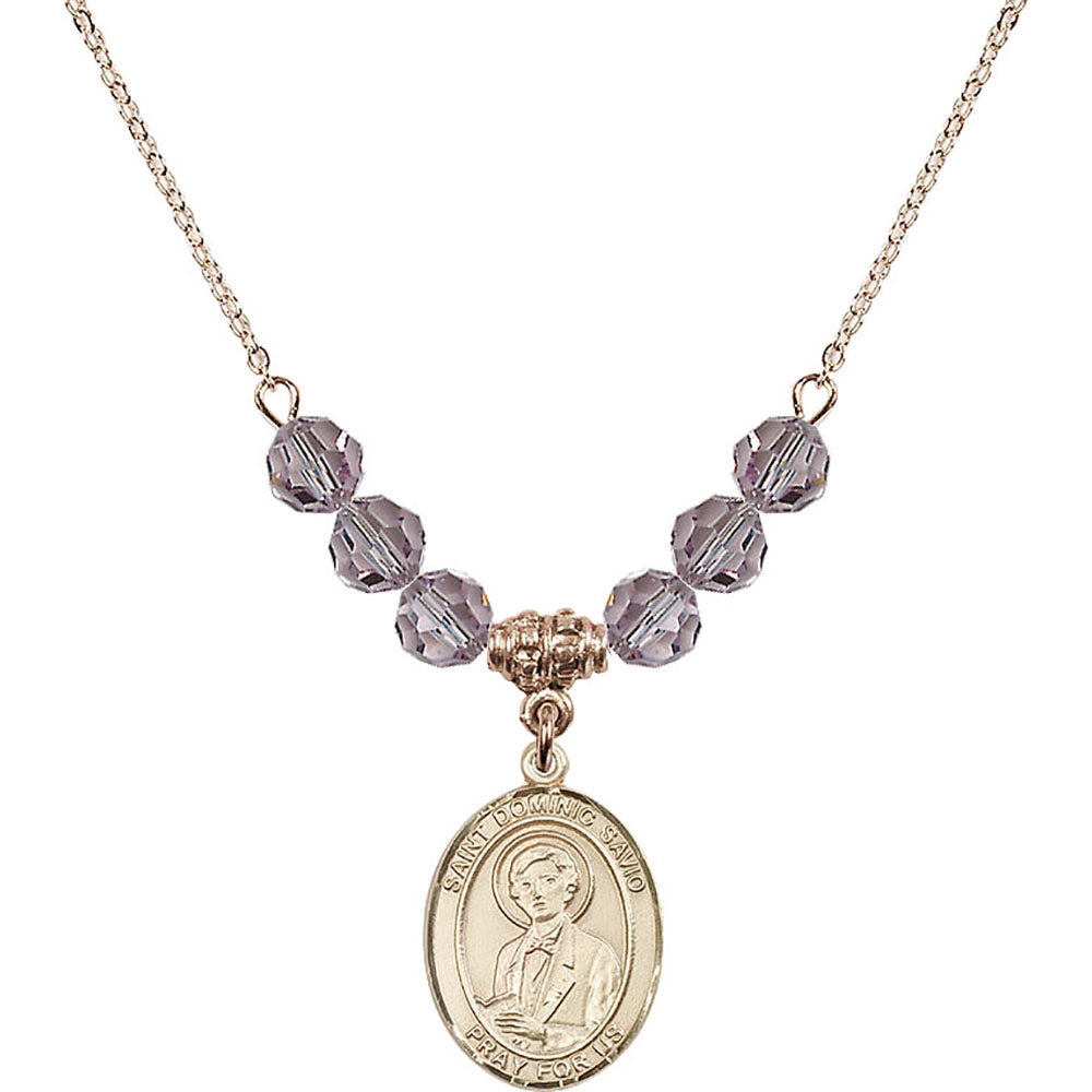 14kt Gold Filled Saint Dominic Savio Birthstone Necklace with Light Amethyst Beads - 8227