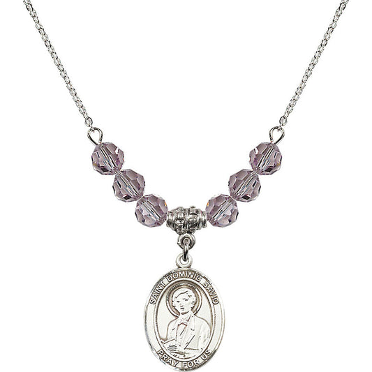 Sterling Silver Saint Dominic Savio Birthstone Necklace with Light Amethyst Beads - 8227