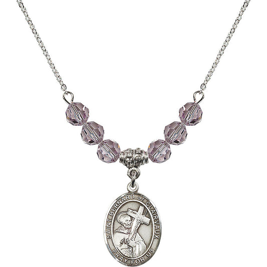 Sterling Silver Saint Bernard of Clairvaux Birthstone Necklace with Light Amethyst Beads - 8233