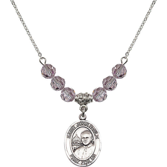 Sterling Silver Saint John Paul II Birthstone Necklace with Light Amethyst Beads - 8234