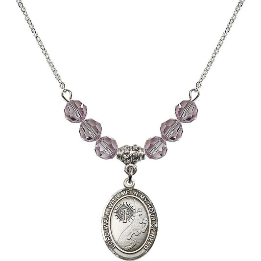 Sterling Silver Footprints / Cross Birthstone Necklace with Light Amethyst Beads - 8237