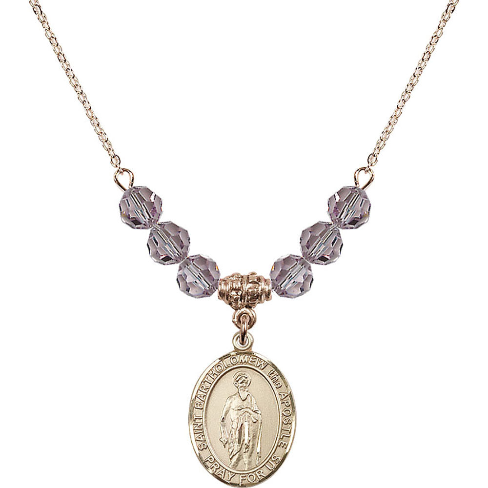 14kt Gold Filled Saint Bartholomew the Apostle Birthstone Necklace with Light Amethyst Beads - 8238