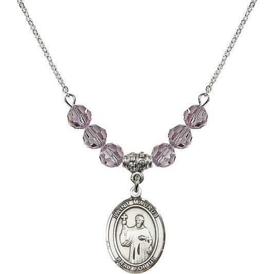 Sterling Silver Saint Maurus Birthstone Necklace with Light Amethyst Beads - 8241