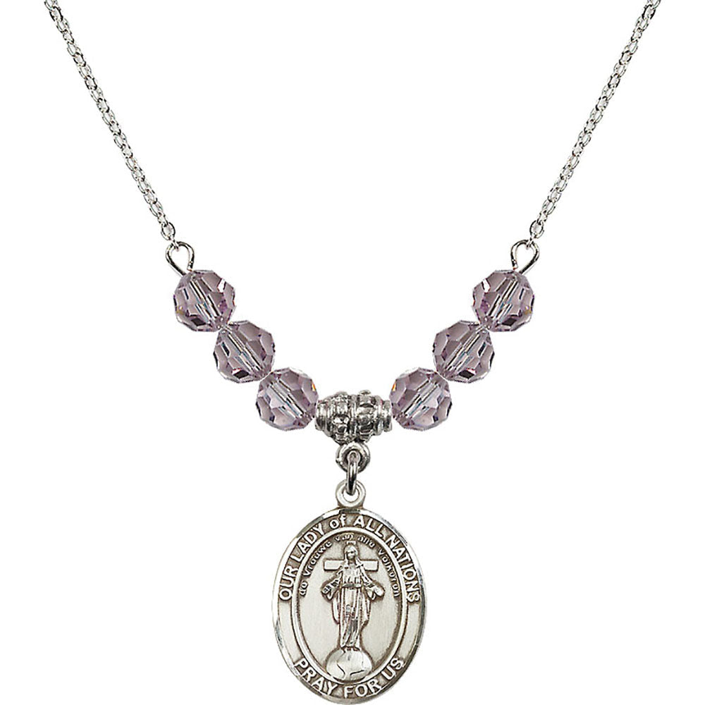 Sterling Silver Our Lady of All Nations Birthstone Necklace with Light Amethyst Beads - 8242