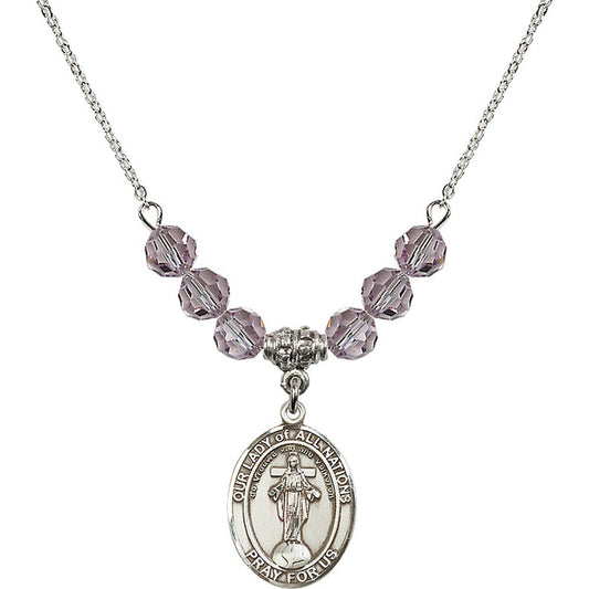Sterling Silver Our Lady of All Nations Birthstone Necklace with Light Amethyst Beads - 8242