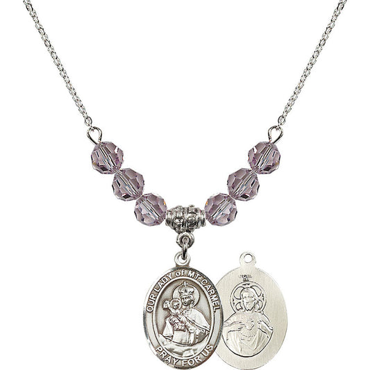 Sterling Silver Our Lady of Mount Carmel Birthstone Necklace with Light Amethyst Beads - 8243