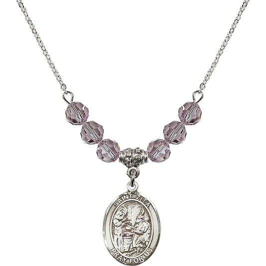 Sterling Silver Saint Zita Birthstone Necklace with Light Amethyst Beads - 8244
