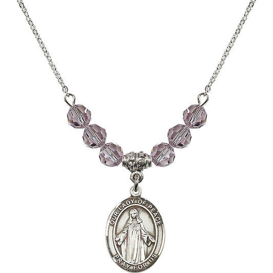 Sterling Silver Our Lady of Peace Birthstone Necklace with Light Amethyst Beads - 8245