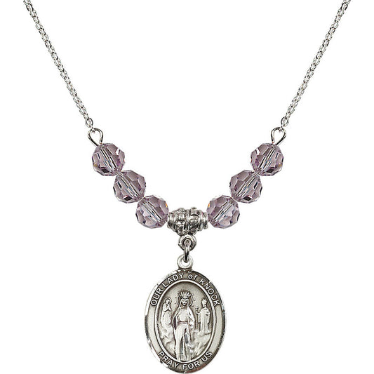 Sterling Silver Our Lady of Knock Birthstone Necklace with Light Amethyst Beads - 8246